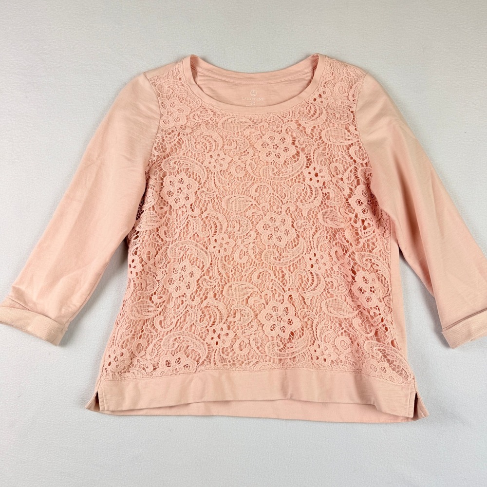 Lands End Lace Top Womens‎ Medium Pink 3/4 Sleeve Knit Coquette Coastal Romantic